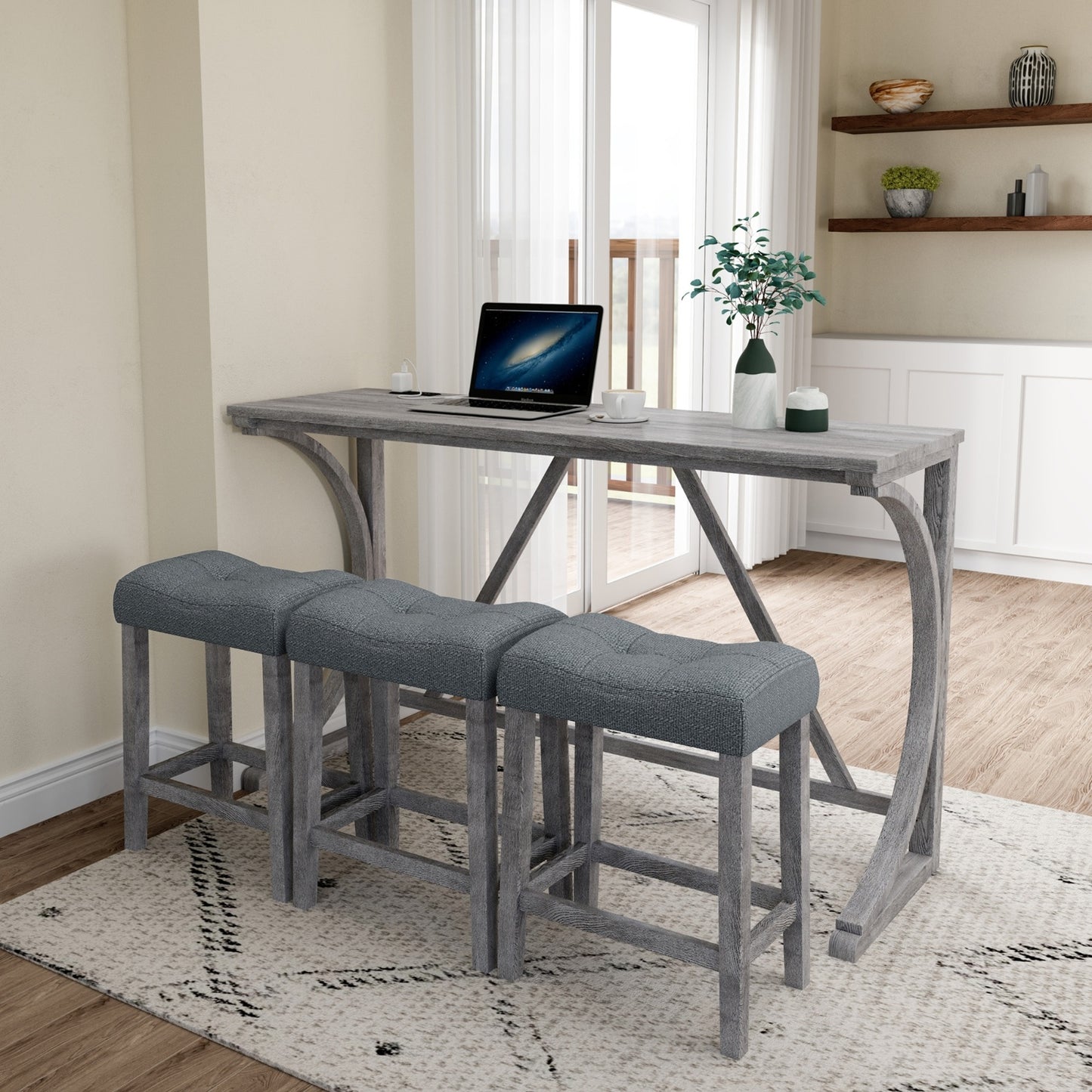 Bar Table Set With Power Outlet, Bar Table And Chairs Set, 4 Piece Dining Table Set, Industrial Brea