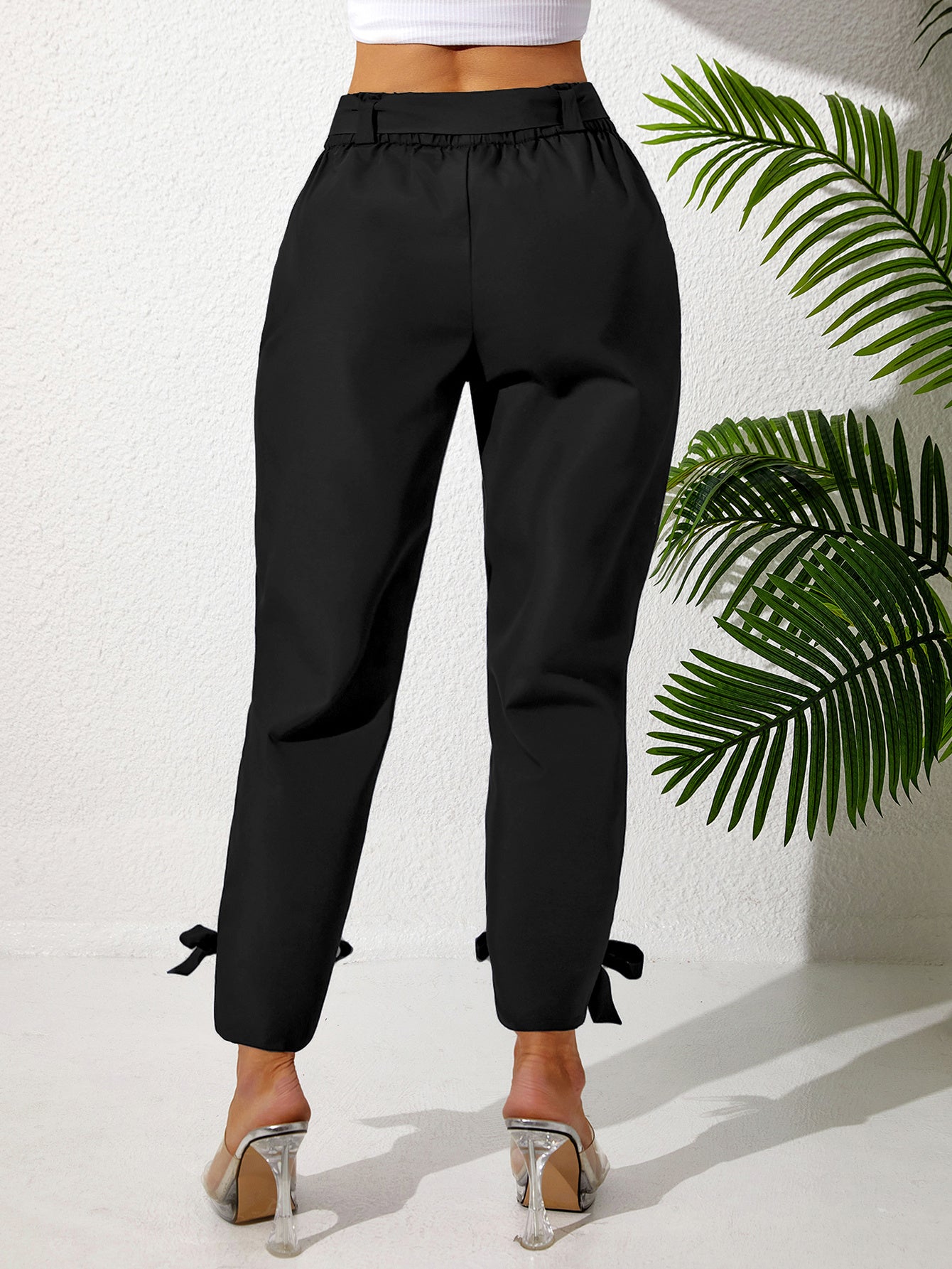 Solid Color Temperament Leg Tie Wooden Ear Trim Casual Women's Pants