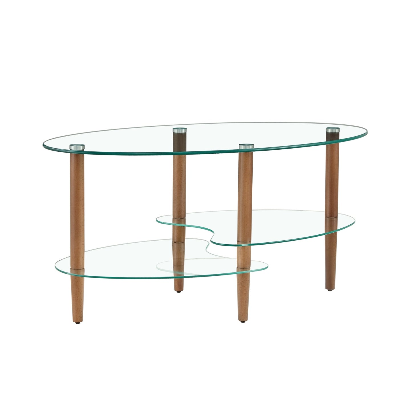 Transparent Oval Glass Coffee Table, 3-Layer Oak Leg Modern Living Room Table