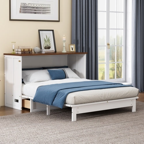Solid Pine Murphy Bed Chest With Charging Station And Large Storage Drawer For Home Office Or Small Room , Full, White Walnut