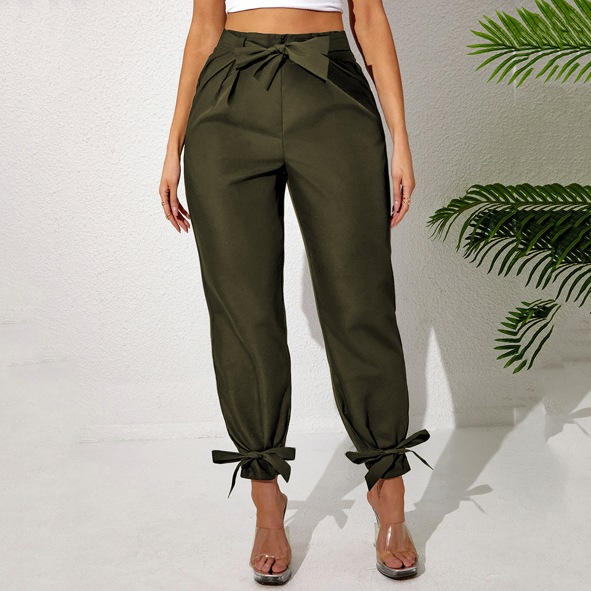 Solid Color Temperament Leg Tie Wooden Ear Trim Casual Women's Pants