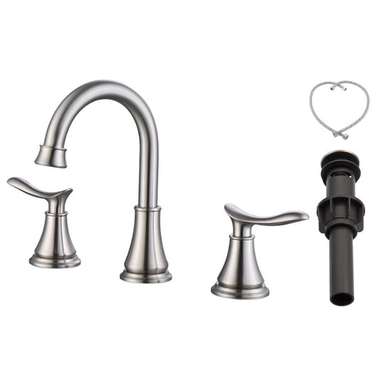 2-Handle 8 Inch Widespread Bathroom Sink Faucet Brushed Nickel Lavatory Faucet 3 Hole 360 Swivel Spout Vanity Sink Basin Faucets With Pop Up Drain Assembly And CUPC Water Supply Hoses