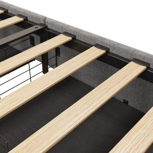 Queen Size Bed Frame With LED, 4 Under-bed Portable Storage Drawers, Wings Headboard Design