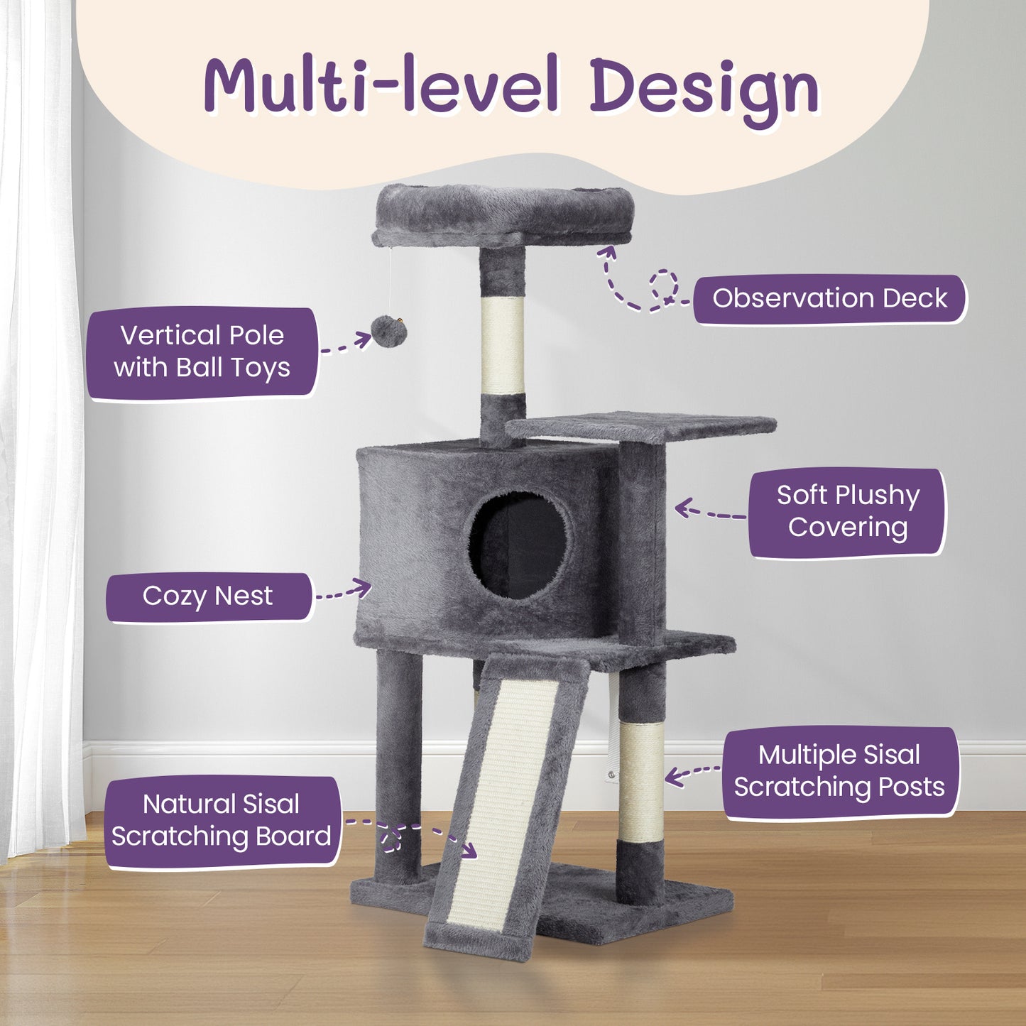47inch, Dark Grey, Cat Scratcher, Trapezoidal Cat House, Cat Climbing Frame