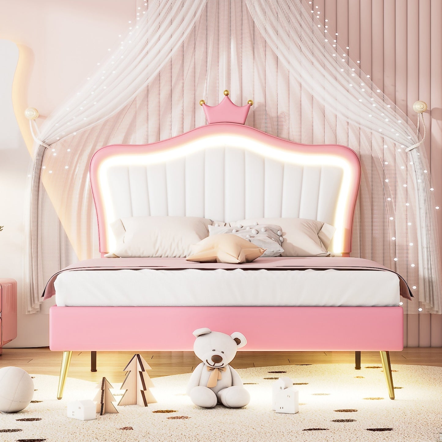 Full Size Upholstered Bed Frame With LED Lights & Crown Headboard