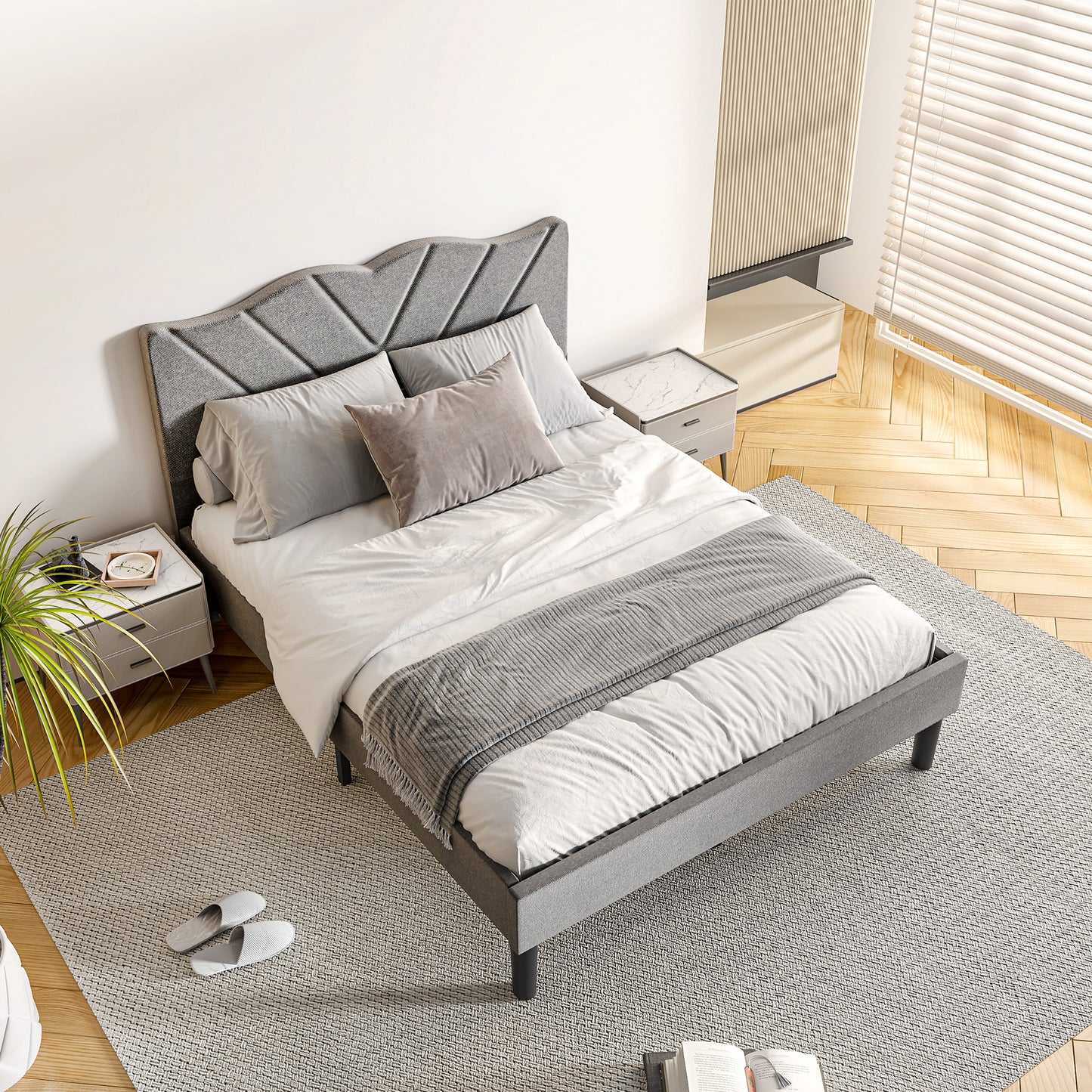 Modern Platform Bed Frame With Upholstered Headboard & Wooden Slats - No Box Spring Needed, Easy Assembly, Grey