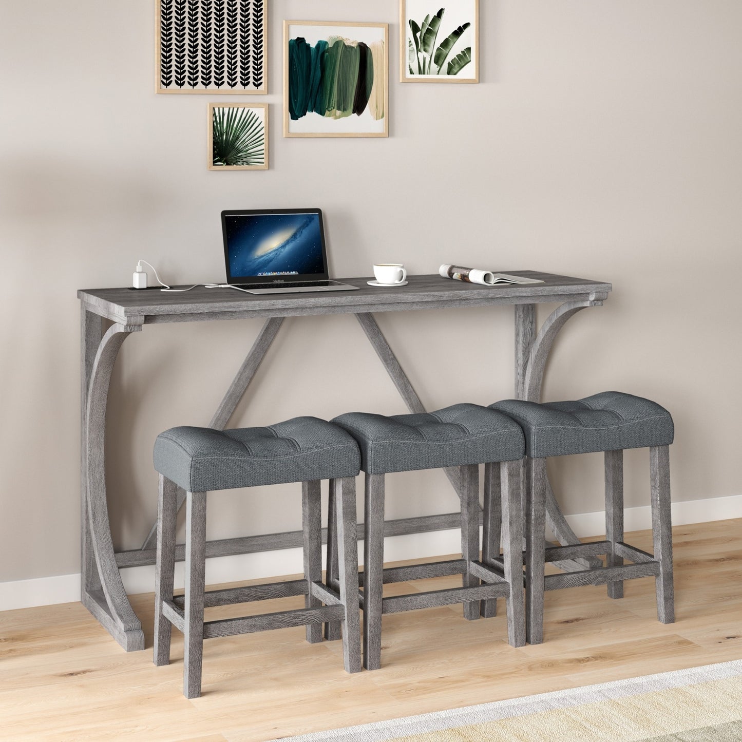 Bar Table Set With Power Outlet, Bar Table And Chairs Set, 4 Piece Dining Table Set, Industrial Brea