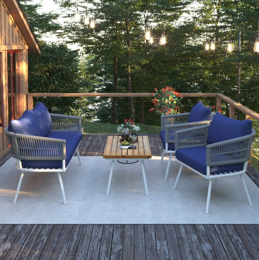 K&K 4-Piece Boho Rope Patio Furniture Set, Outdoor Furniture With Acacia Wood Table, Patio Conversat