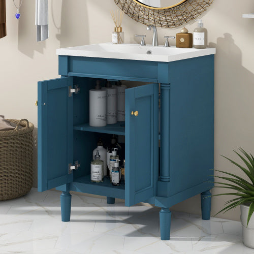 24  Bathroom Vanity With Top Sink, 2-Tier Modern Bathroom Storage Cabinet, Single Sink Bathroom Vanity, Large Storage Shelves