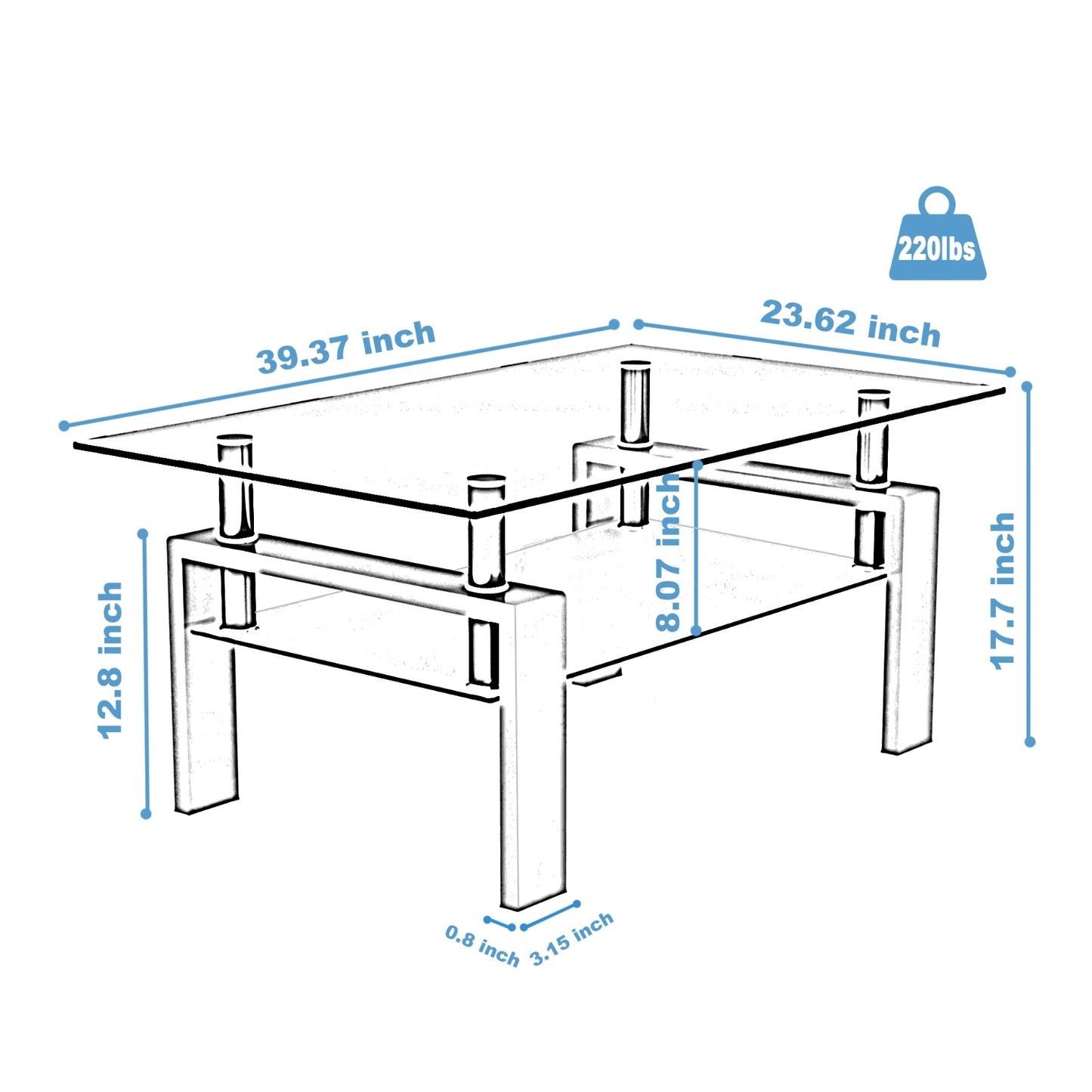 Black Glass Rectangle Coffee Table Modern Side Center For Living Room