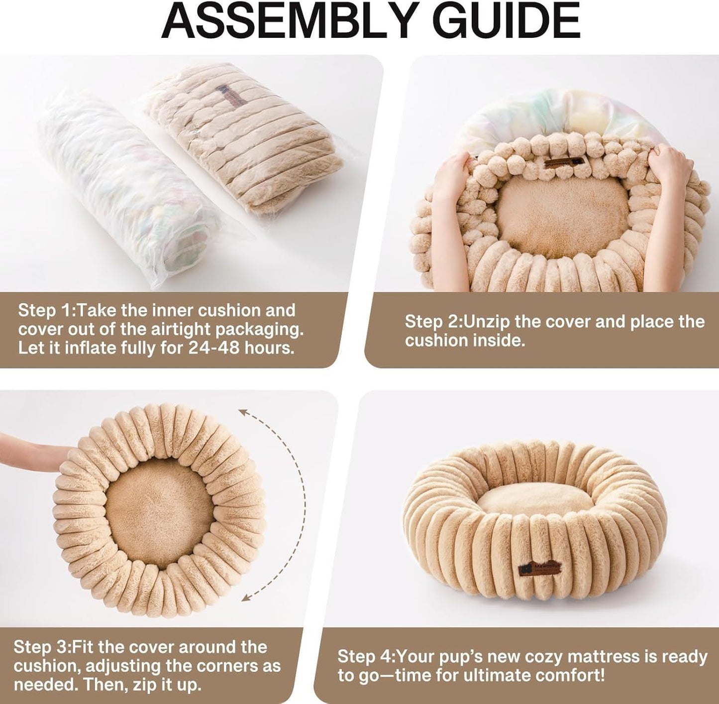 MEWOOFUN Donut Cat Bed - Washable Round Pet Bed For Indoor Cats & Kittens, Fluffy Non-Slip Calming Bed For Small Dogs, Light Brown