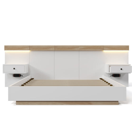 Floating Bed With Headboard In Timber Slatted Frame  Size 160x200