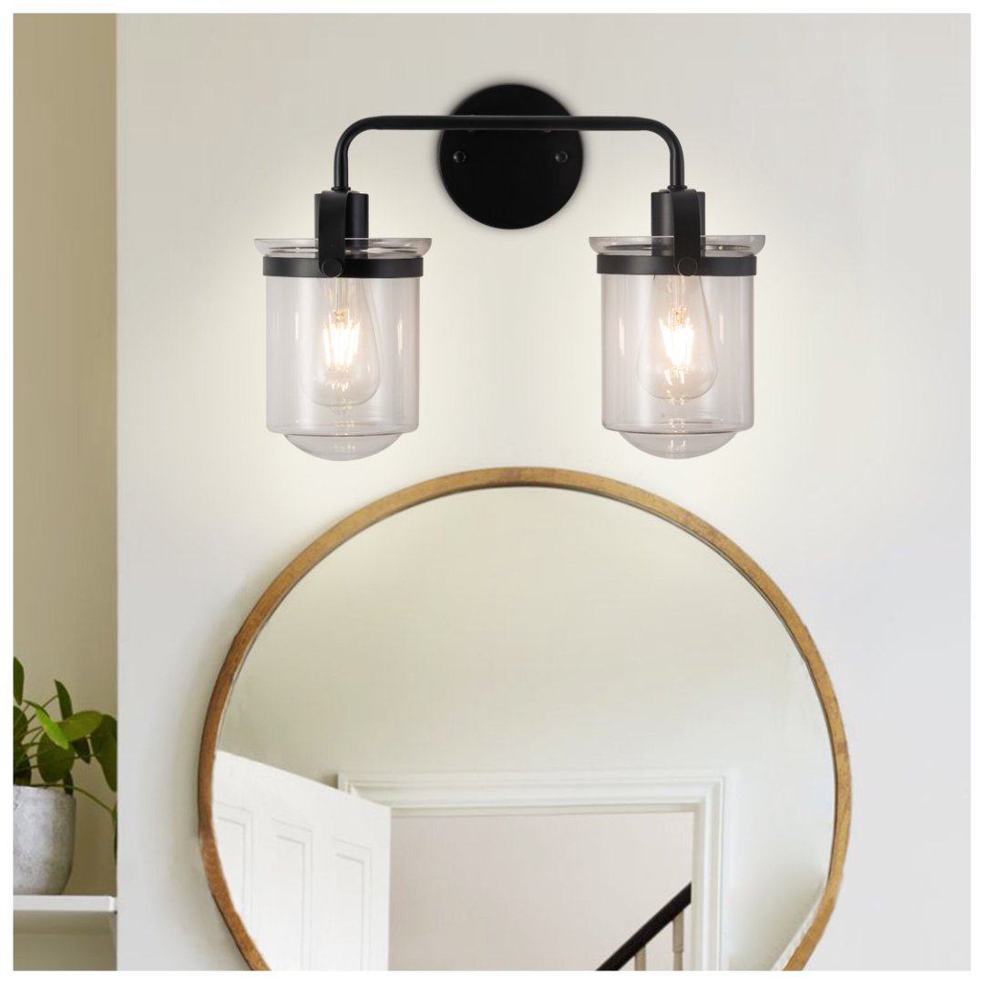 2-Light With Clear Glass Shade,Modern Sconce, Industrial Indoor  Light Fixture For Bathroom Living Room Bedroom Over Kitchen Sink,E26 Socket,No Bulb