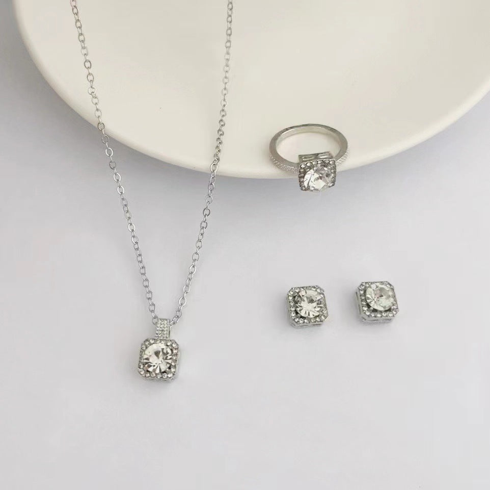 Square Women's Fashion Simple Necklace Rings Ear Studs Three-piece Set