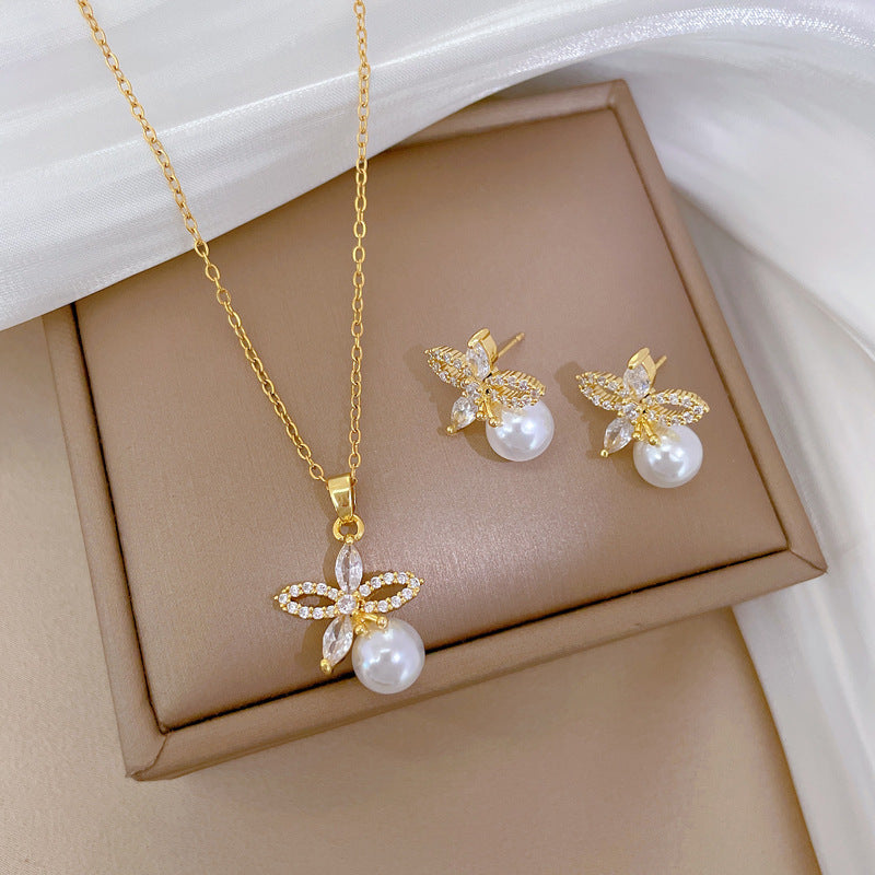 Titanium Steel Necklace And Earrings Suite Light Luxury Full Diamond