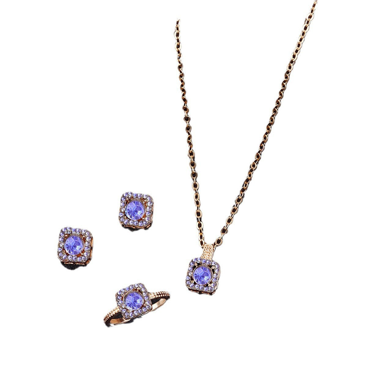 Square Women's Fashion Simple Necklace Rings Ear Studs Three-piece Set
