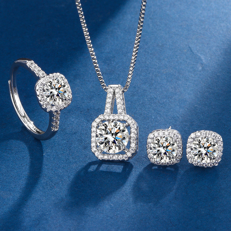 Three-piece Eight Hearts And Eight Arrows Zircon Rings Ear Studs Pendant Necklace Suit
