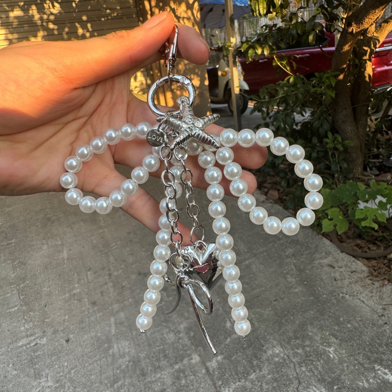 Korean Chic New Sweet Pearl Bow Silver Love Pendant Car Keychain Pendant