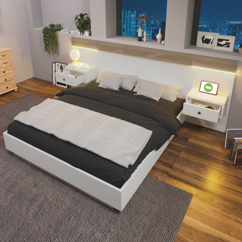 Floating Bed With Headboard In Timber Slatted Frame  Size 160x200