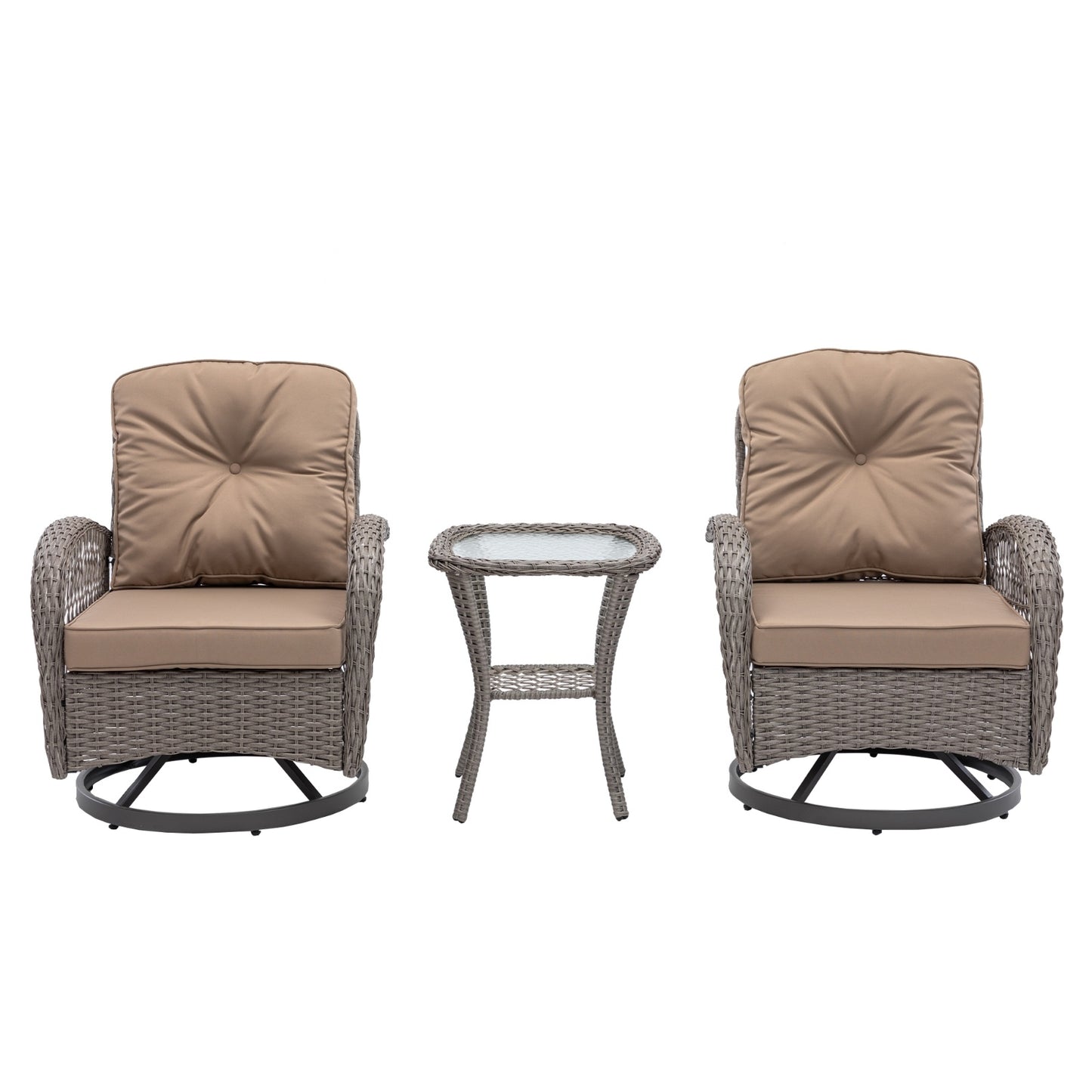 3pc Outdoor Swivel Rocker Chairs, 360  Rocking Patio Set With Thick Cushions