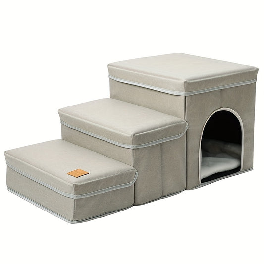 Foldable Dog Stairs With Storage - 3-Level Small To Medium Dog Breed Ramp, Oxford Fabric, Suitable For High Beds And Sofas, Pet Ladder, Dog Stairs