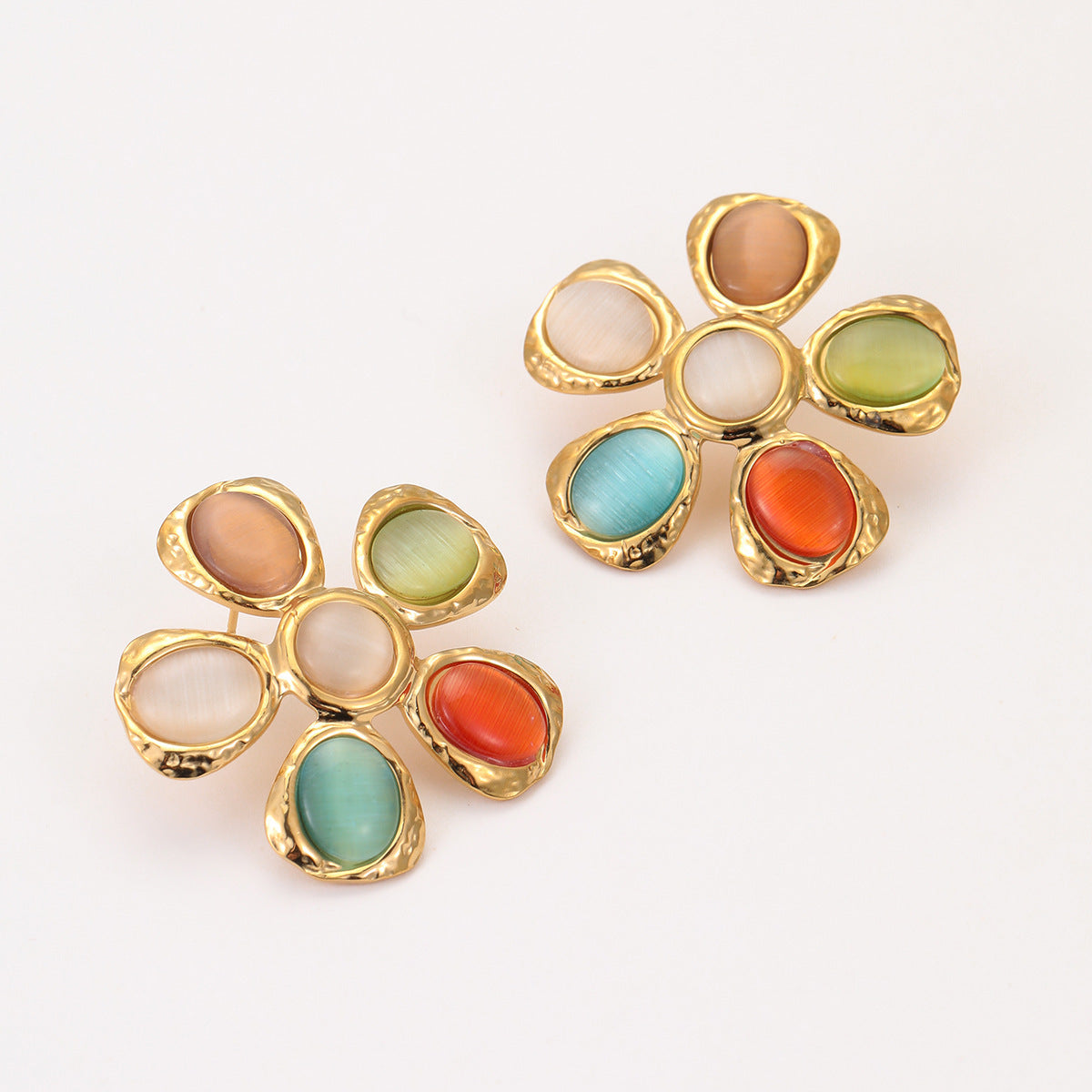 Colorful Opal Hammered Flower Earrings Suit