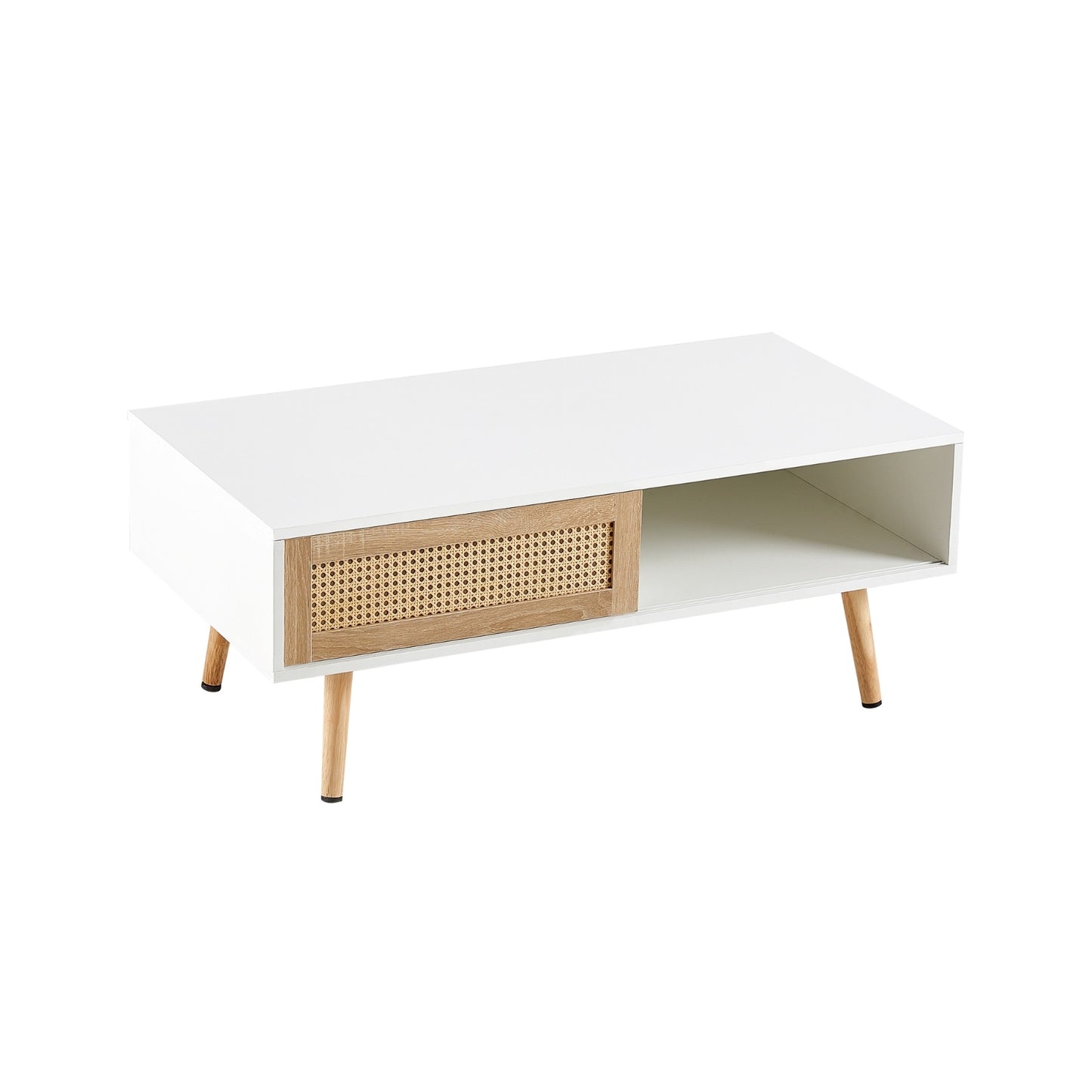 Rattan Coffee Table With Sliding Door And Solid Wood Legs - Modern Living Room