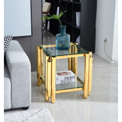 20 Inch Square End Table, Modern Stainless Steel End Table, Double-Layer Clear Tempered Glass Coffee Table, Side Table With Storage, For Living Room Home Office