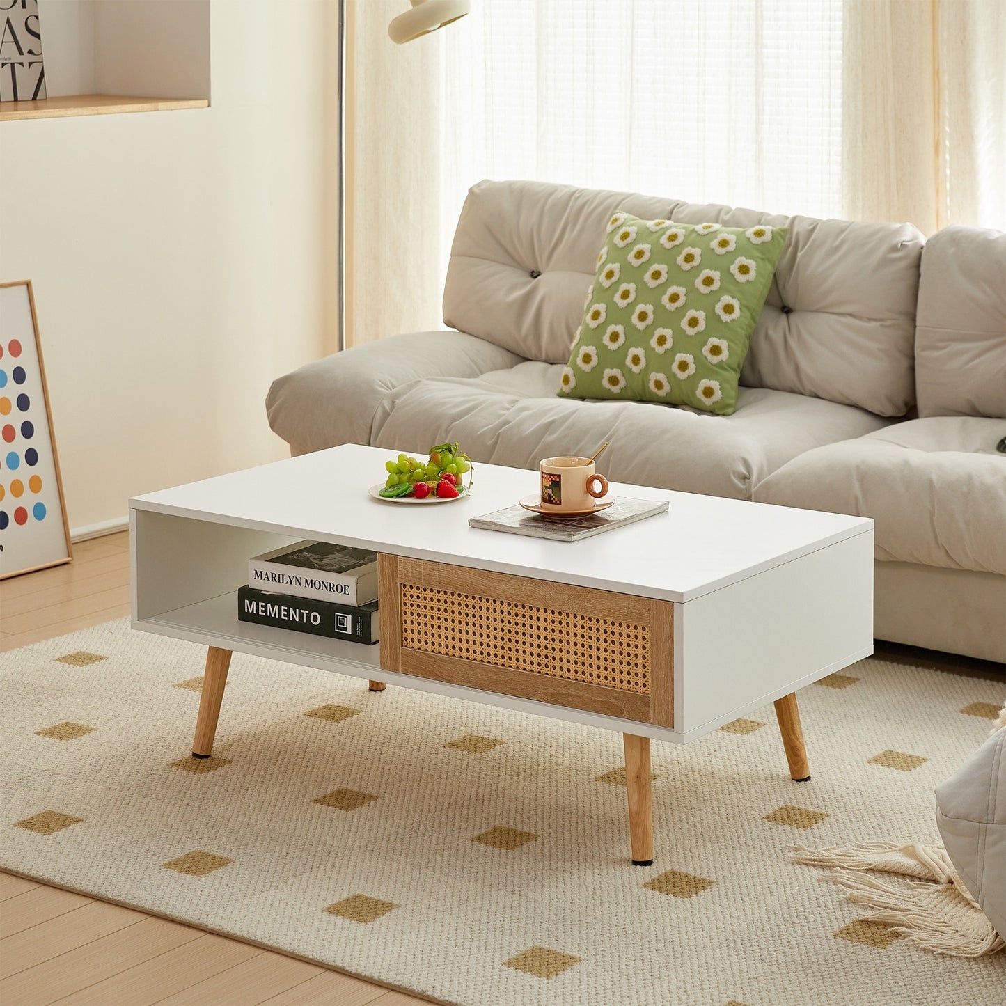 Rattan Coffee Table With Sliding Door And Solid Wood Legs - Modern Living Room