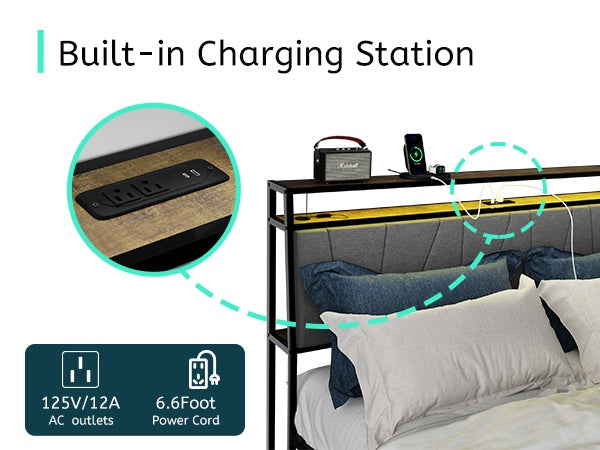 Full Bed Frame With Storage, Ergonomic Headboard, Bed Frame With 2 Storage Drawers, Built In Charging Station & LED, Outlets & USB, Full Size, Noise Free, No Box Spring Needed, Rustic Brown