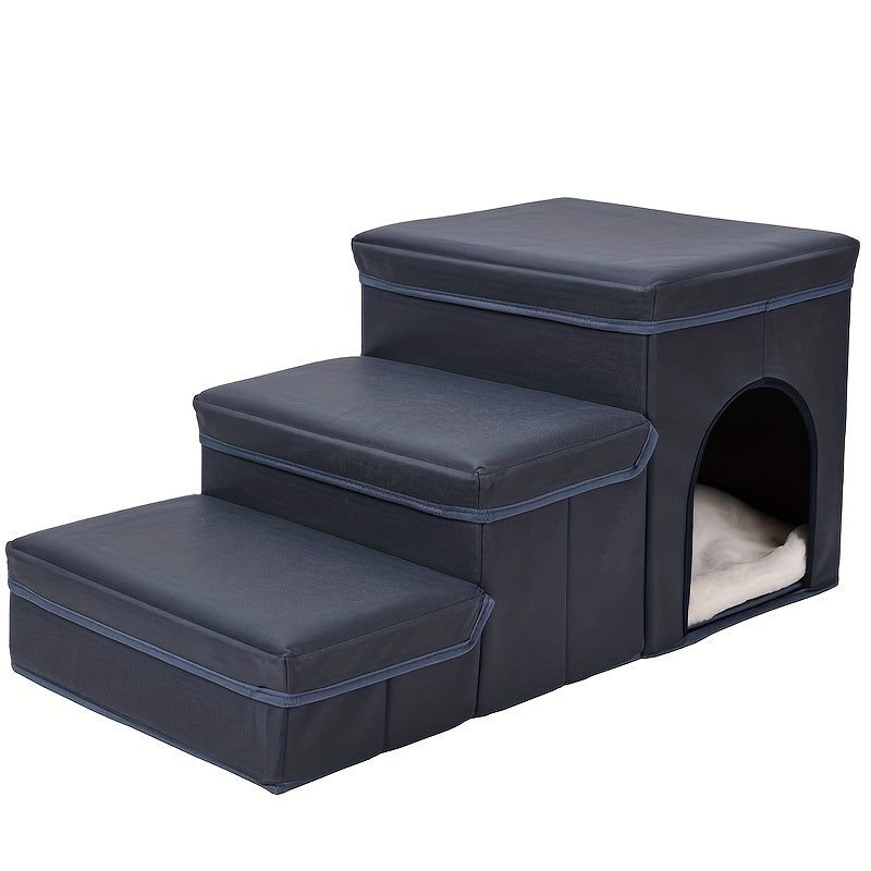 Foldable Dog Stairs With Storage - 3-Level Small To Medium Dog Breed Ramp, Oxford Fabric, Suitable For High Beds And Sofas, Pet Ladder, Dog Stairs