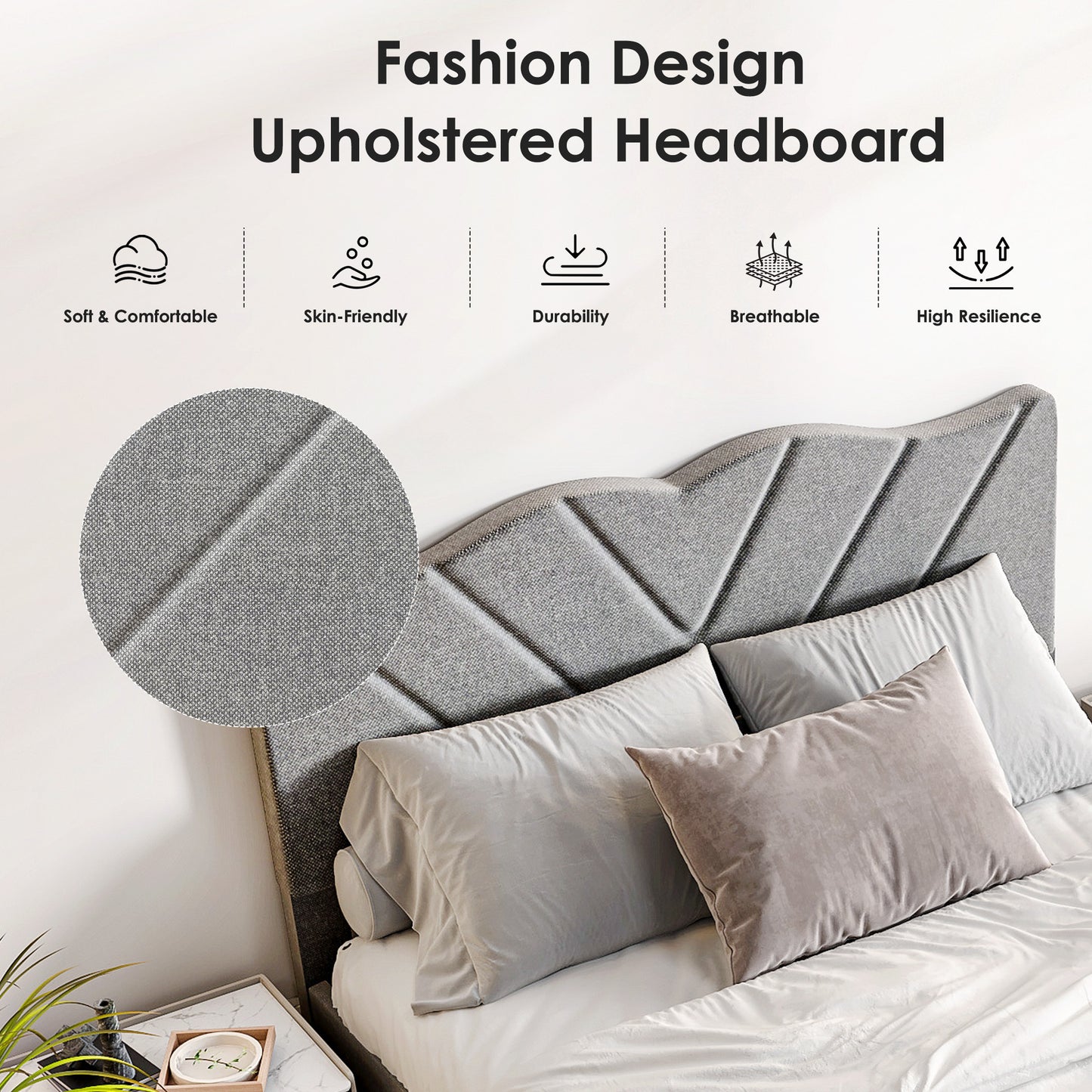 Modern Platform Bed Frame With Upholstered Headboard & Wooden Slats - No Box Spring Needed, Easy Assembly, Grey