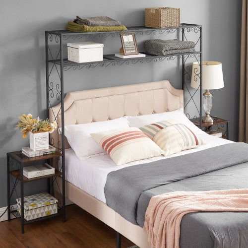 Queen Bed Frame With 2 Nightstands Headboards With Storage Cabinet, Headboard With Shelves, Bookcase Headboard Queen Easy Assembly For Bedroom Iron And Wood Rustic Brown
