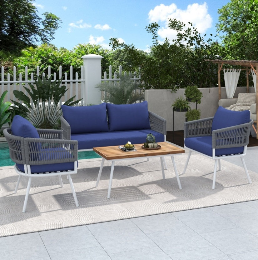 K&K 4-Piece Boho Rope Patio Furniture Set, Outdoor Furniture With Acacia Wood Table, Patio Conversat