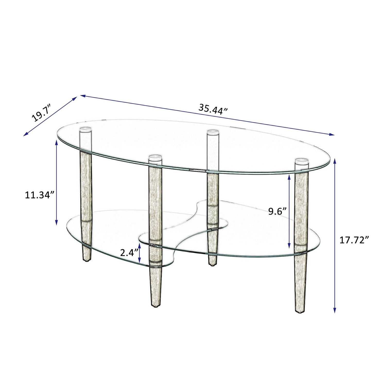 Transparent Oval Glass Coffee Table, 3-Layer Oak Leg Modern Living Room Table