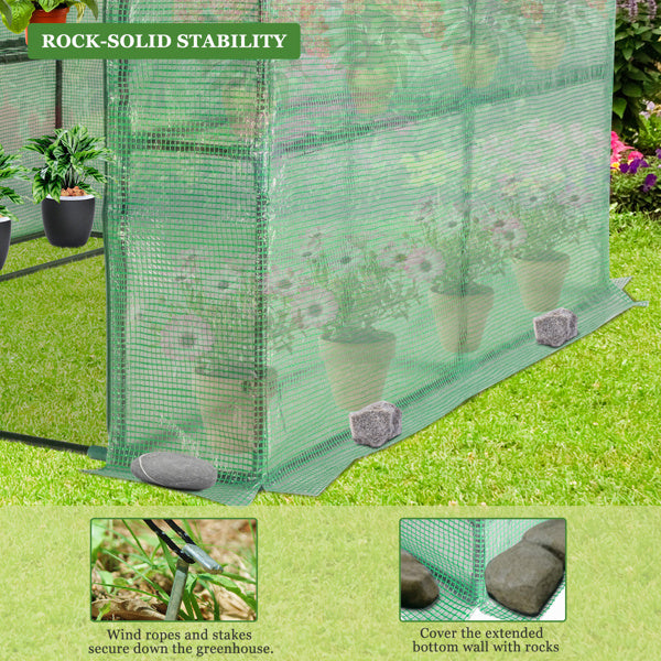 143x143x195cm PE Fabric Flower Room, Black Iron Pipe, Pointed Top, With 8 Mesh Flower Racks, Zipper Roll Door