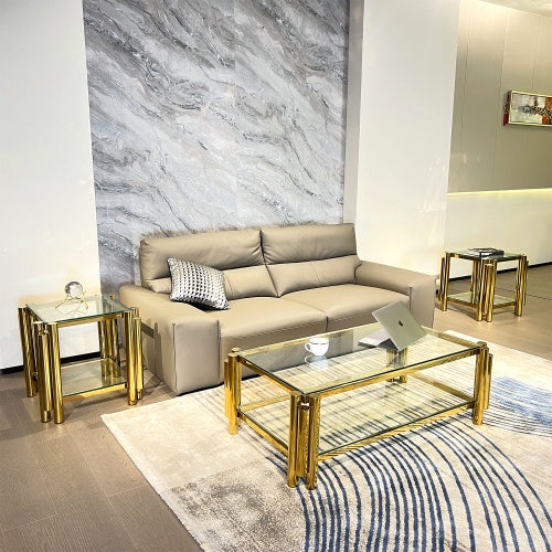 Modern Stainless Steel Coffee Table Set Set Of 3, Double-Layer Clear Tempered Glass Table Top, Coffee Table  Two End Side Table 3-Pieces Sets For Living Room Home Office