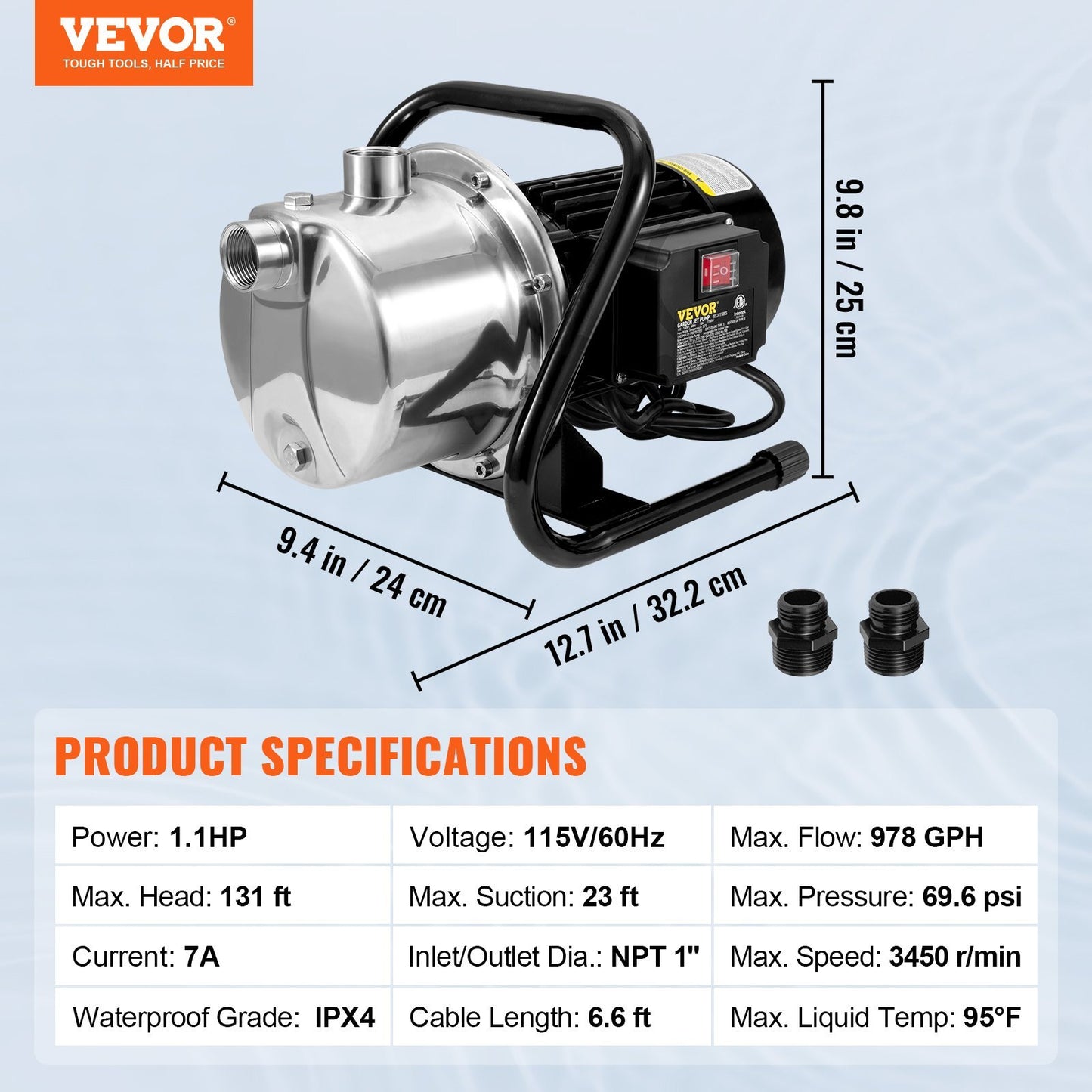 VEVOR Shallow Well Portable Garden Water Jet1.1HP 978 GPH 131 Ft Head