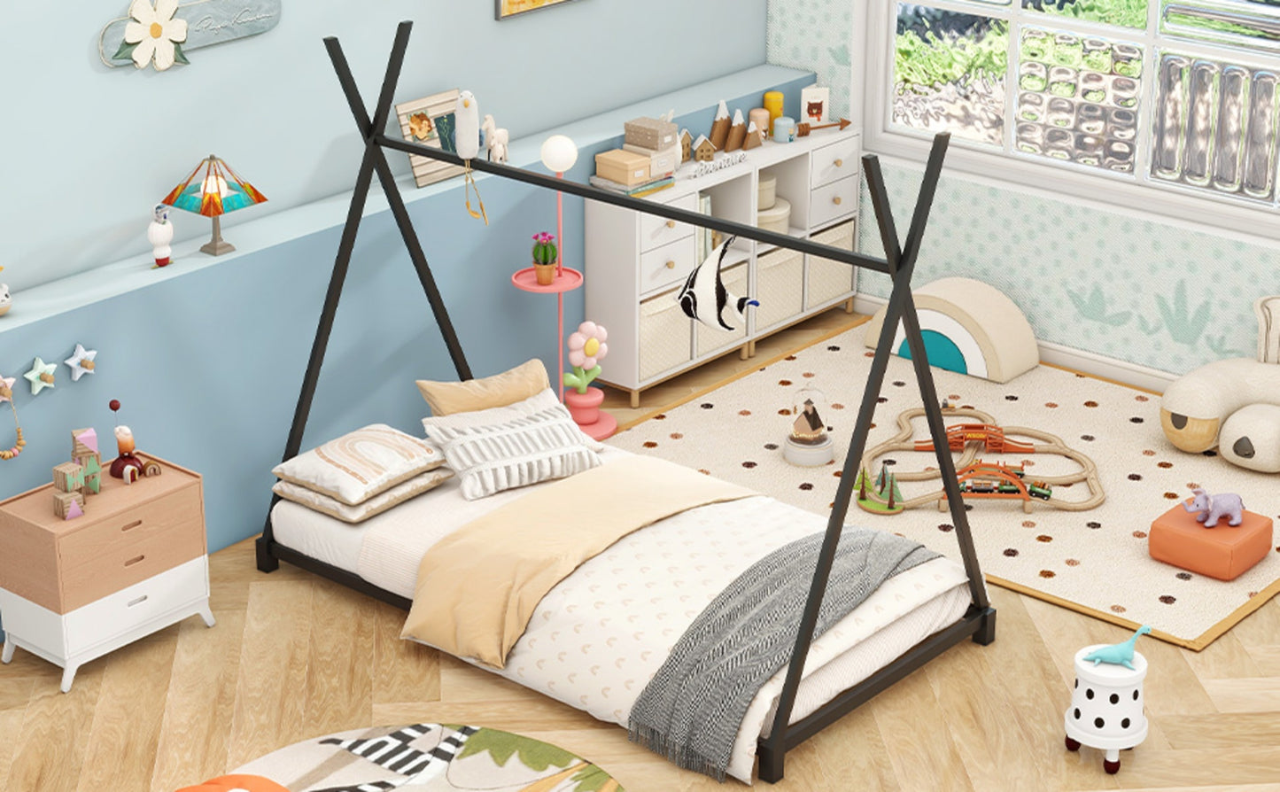 Metal Twin Size House Platform Bed With Triangle Structure, Black