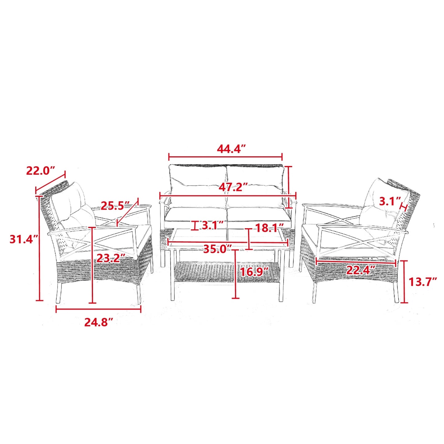 4-Piece Patio Sectional Low Dining Sofa Set - KD Rattan Wicker Outdoor Furniture