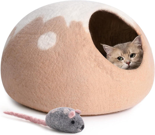 MEWOOFUN Handmade Wool Cat Cave Bed - Natural Felt Hideaway House For Indoor Cats & Kittens, Breathable Warm Pet Bed Grey, Medium