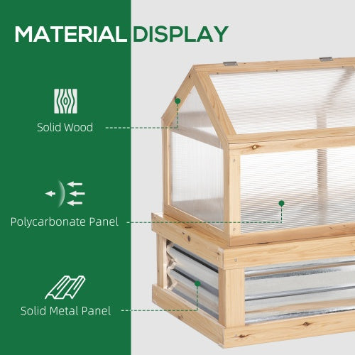 Outsunny Raised Garden Bed With Polycarbonate Greenhouse, Wooden Garden Cold Frame Greenhouse, Flower Planter Protection, 48 X 24 X 32, Natural