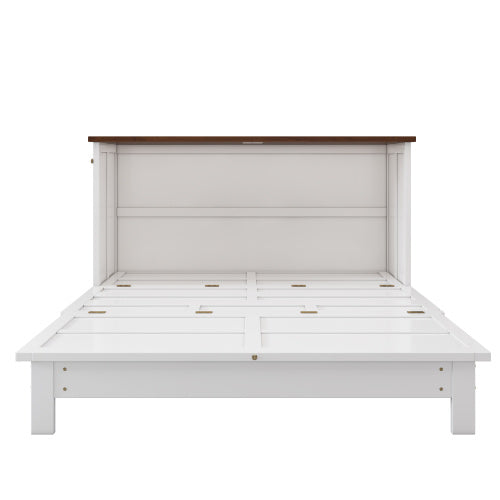 Solid Pine Murphy Bed Chest With Charging Station And Large Storage Drawer For Home Office Or Small Room , Full, White Walnut