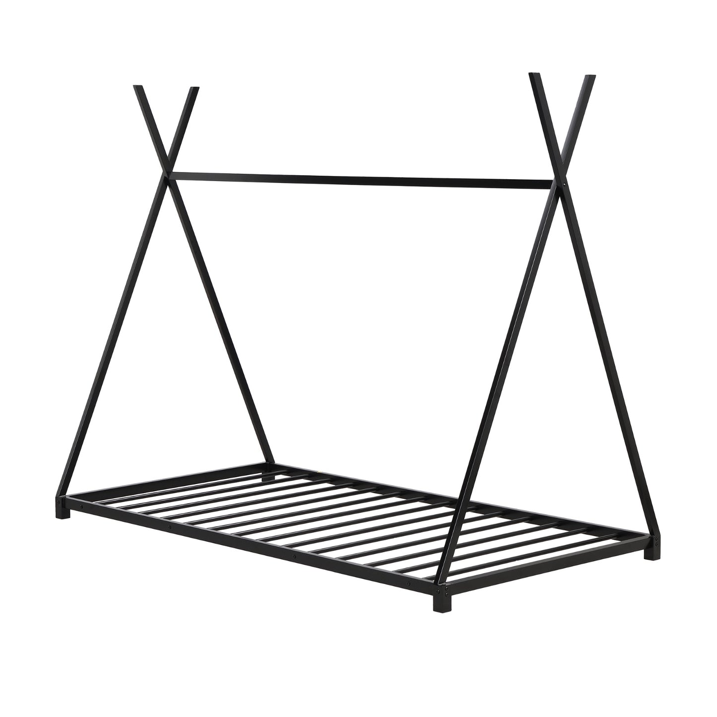 Metal Twin Size House Platform Bed With Triangle Structure, Black