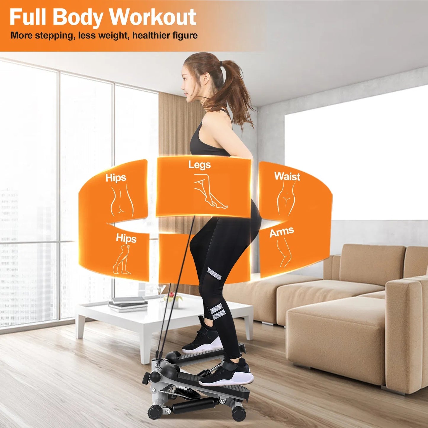 Exercise Stepper For Women Mini Fitness Stepper With 2 Resistance Bands LCD Monitor Max 330.7LBS Load Stair Stepper Quiet Stepper