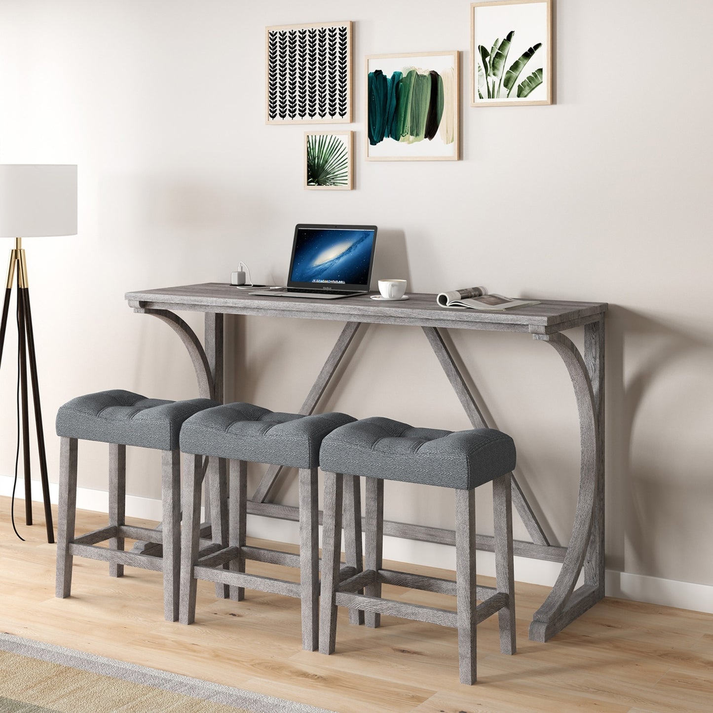 Bar Table Set With Power Outlet, Bar Table And Chairs Set, 4 Piece Dining Table Set, Industrial Brea