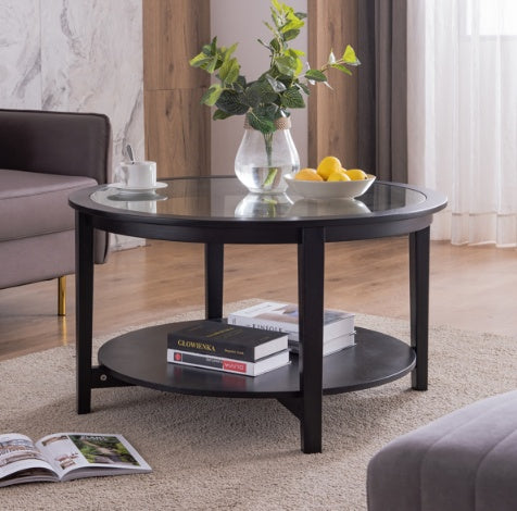 Round Glass Topped Solid Wood Storage Coffee Table, Black