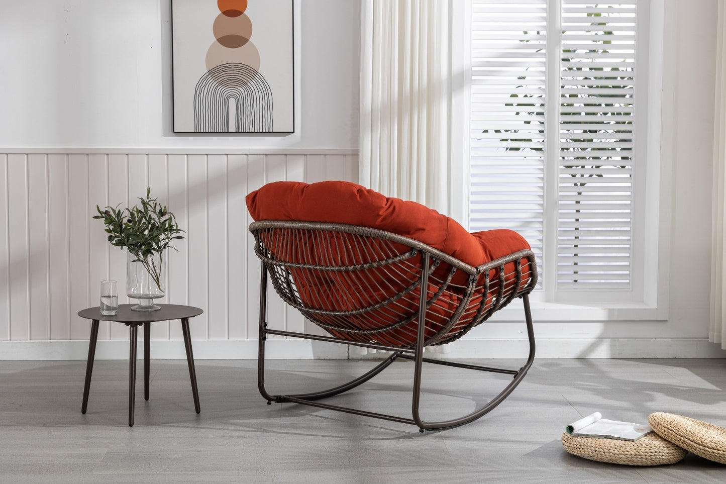 Outdoor Rattan Rocking Chair With Padded Cushion For Porch & Living Room