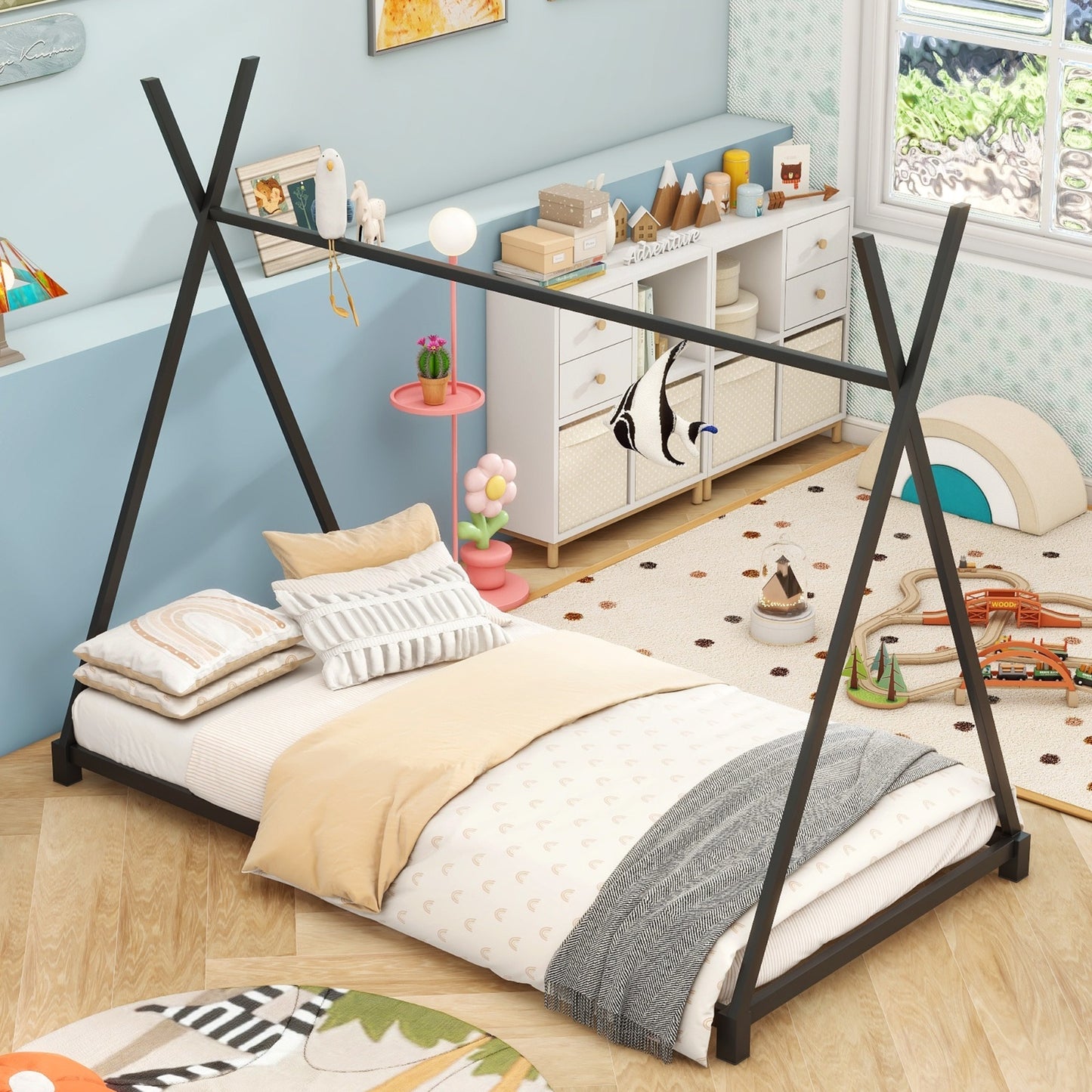 Metal Twin Size House Platform Bed With Triangle Structure, Black