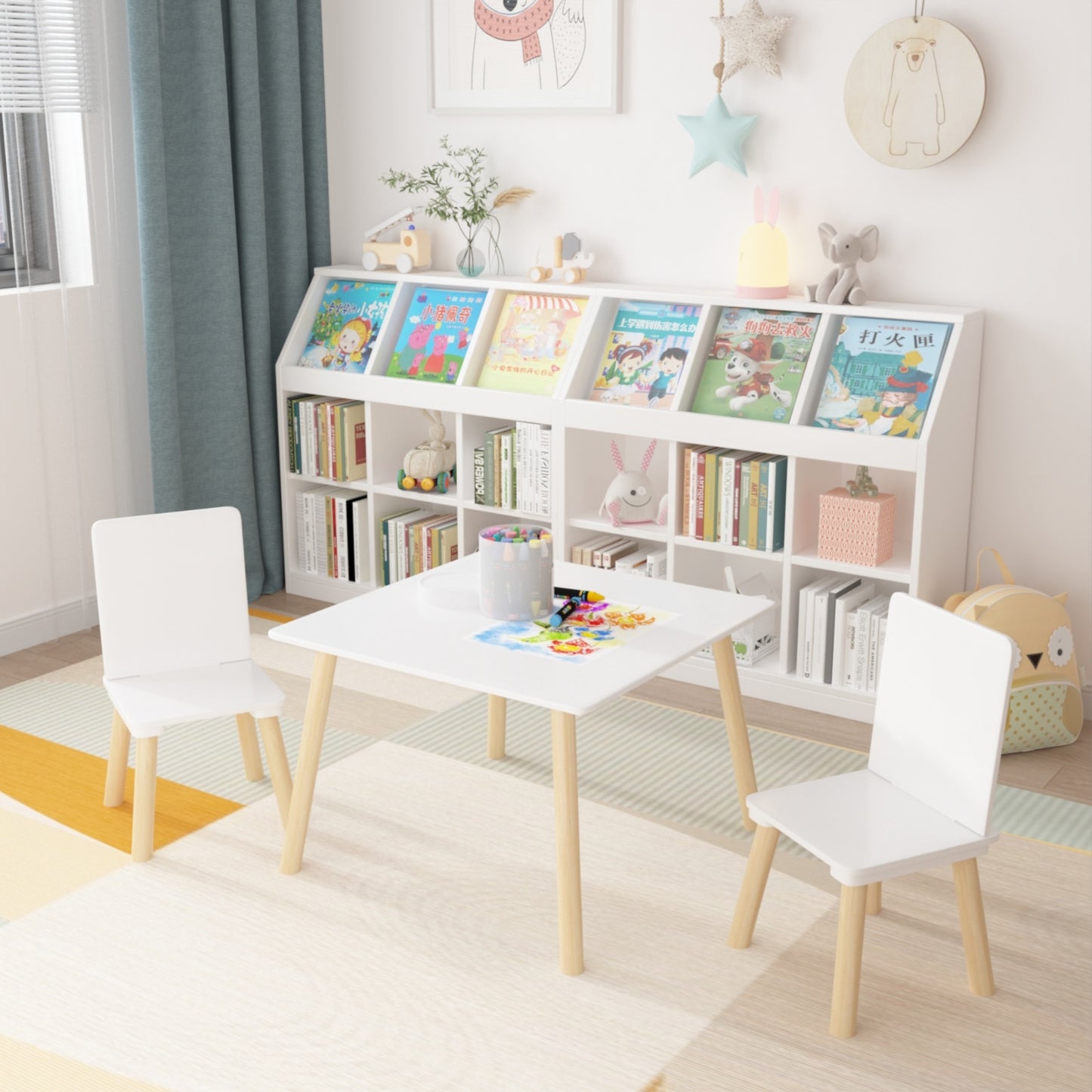 Kids Table And 2 Chairs Set, 3 Pieces Toddler Table And Chair Set, Wooden Activity Play Table Set W